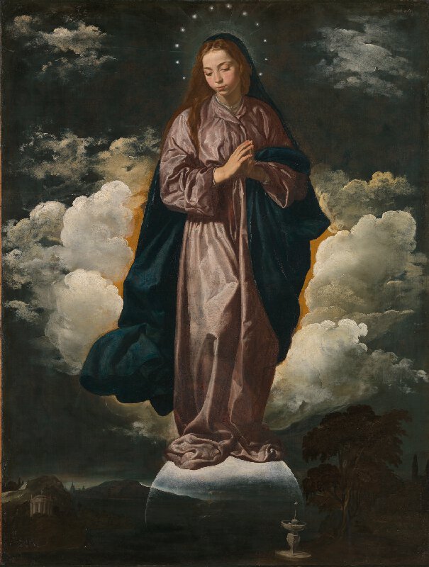 Immaculate Conception, before dogma, for the Carmelites before St. Teresa of Avila and St. John of the Cross, painted by 17th century Spanish artist Diego Velazquez. 